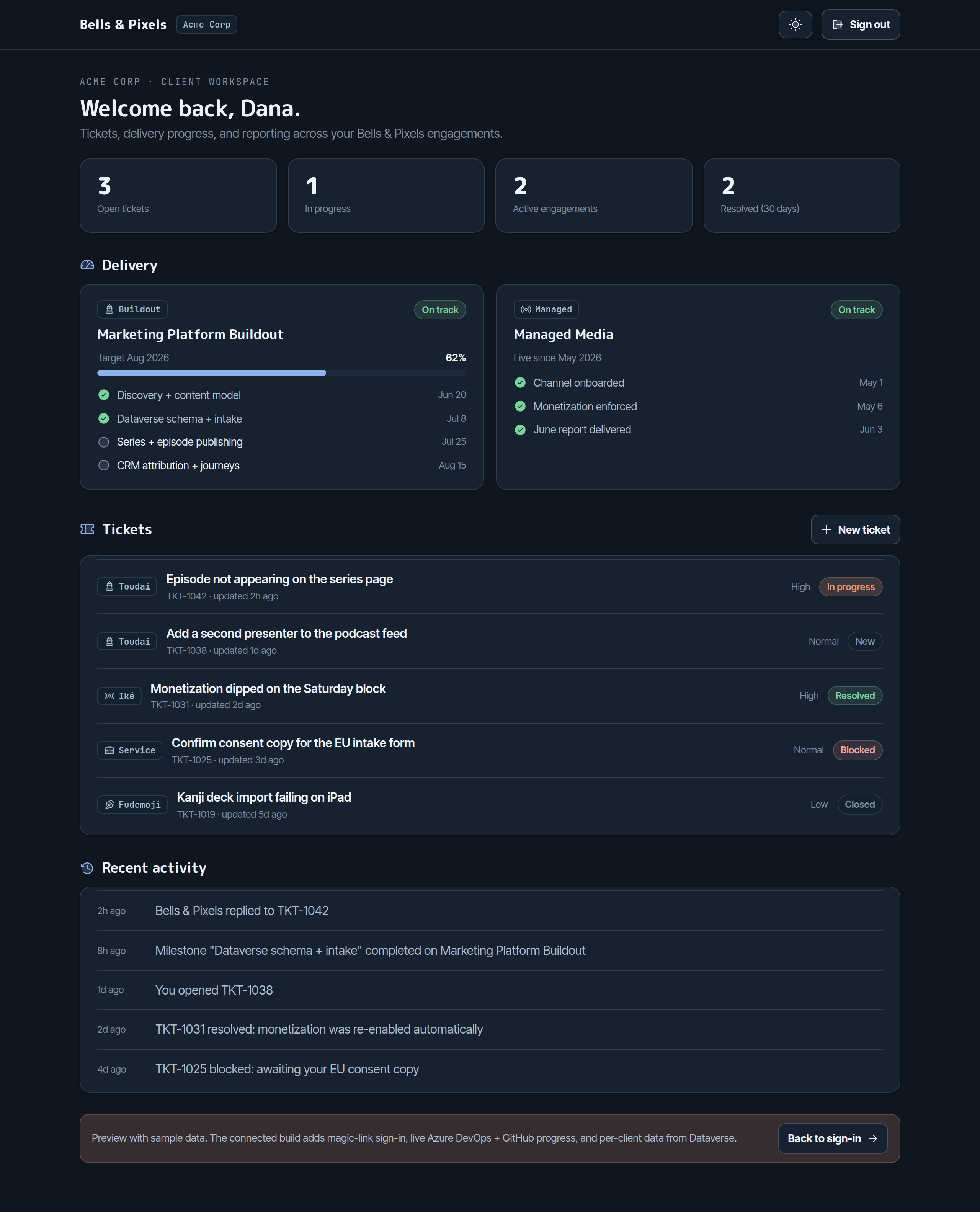 The client portal dashboard in dark mode.